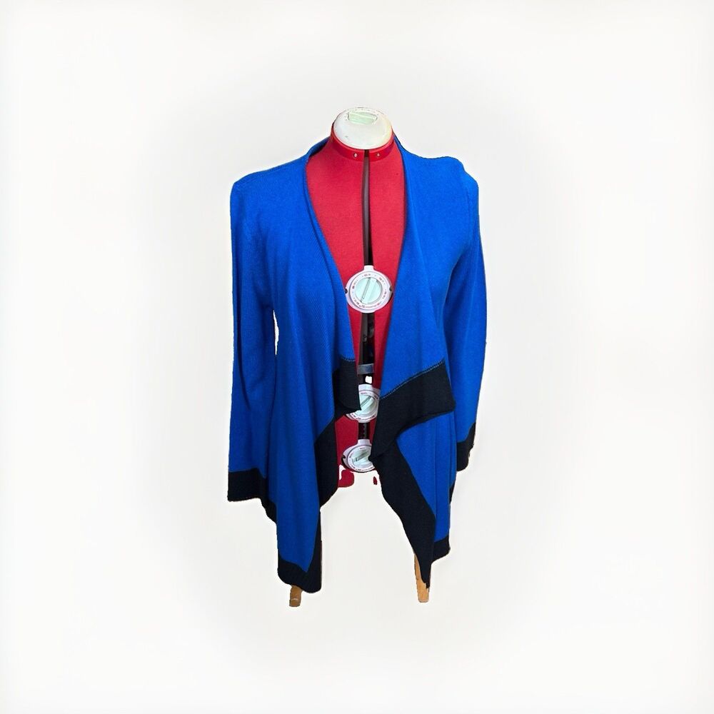 Karen Kane Sz S Open Cardigan Long Sleeve Cobalt Blue w/ Black Trim & Cuff